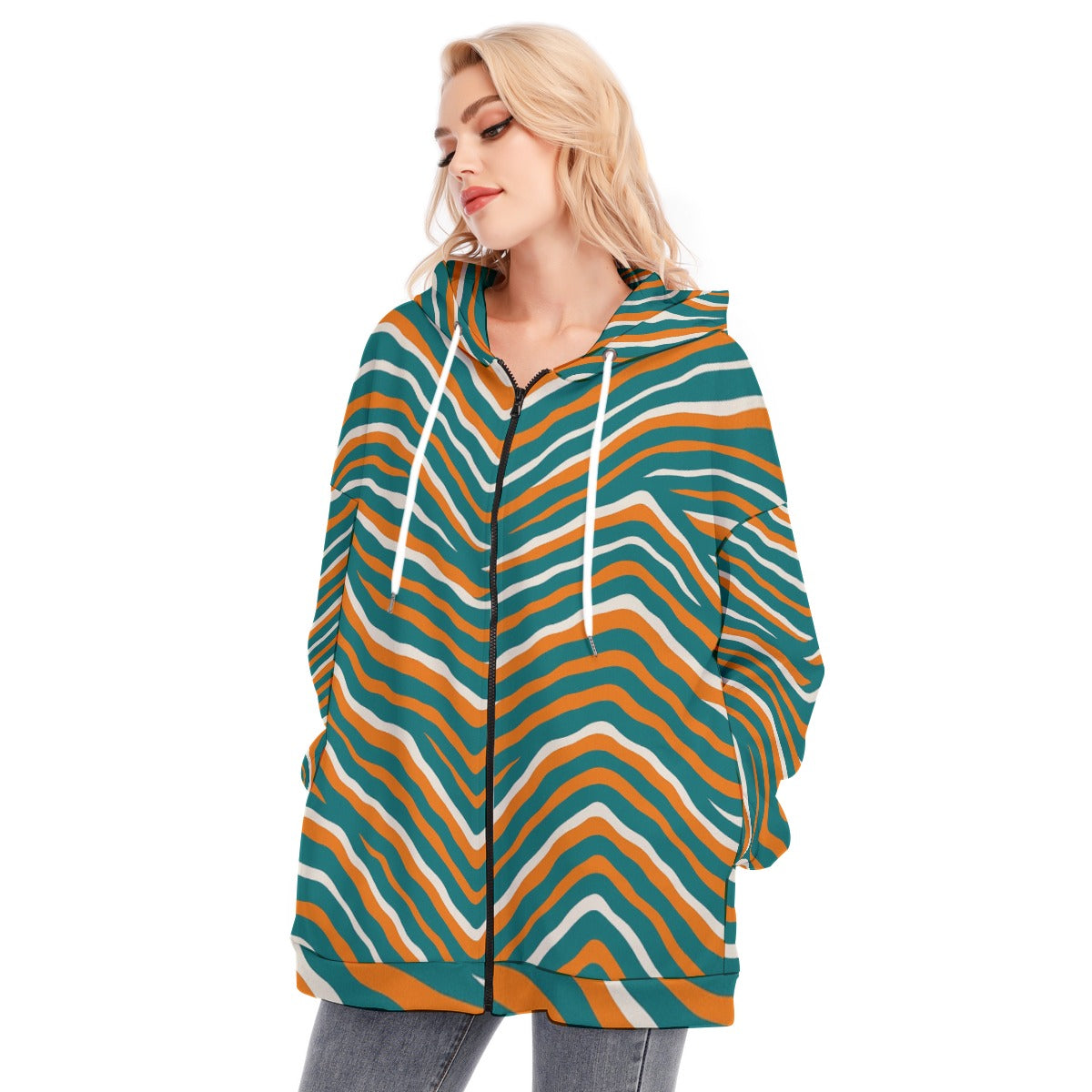 Miami Football Game Day All-Over Print Women's Long Hoodie With Zipper Closure