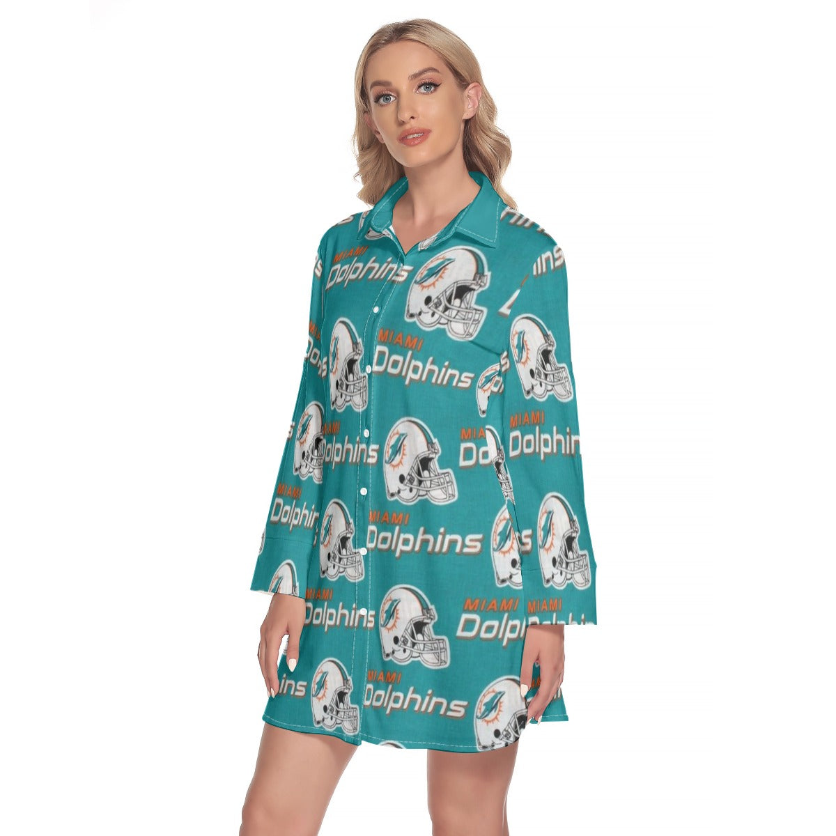 Miami Football Game Day All-Over Print Women's Lapel Shirt Dress With Long Sleeve
