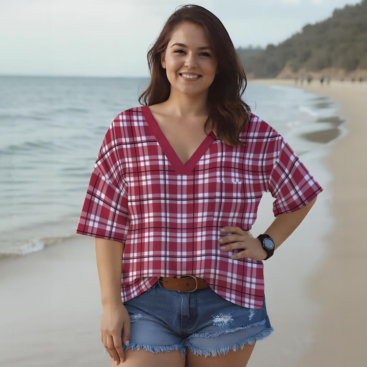 Alabama Tartan plaid Women’s Casual V-Neck Short Sleeve Top