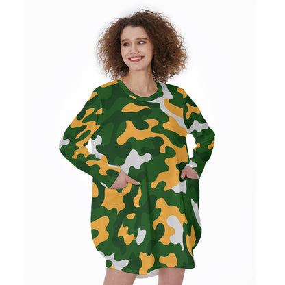 Green Bay Football Game Day All-Over Print Women's Casual Loose Long Sleeve Dress With Pocket