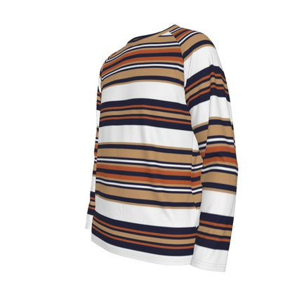 Beige, Navy and Rust Striped Long Sleeve Shirt – Retro Chic Casual Wear