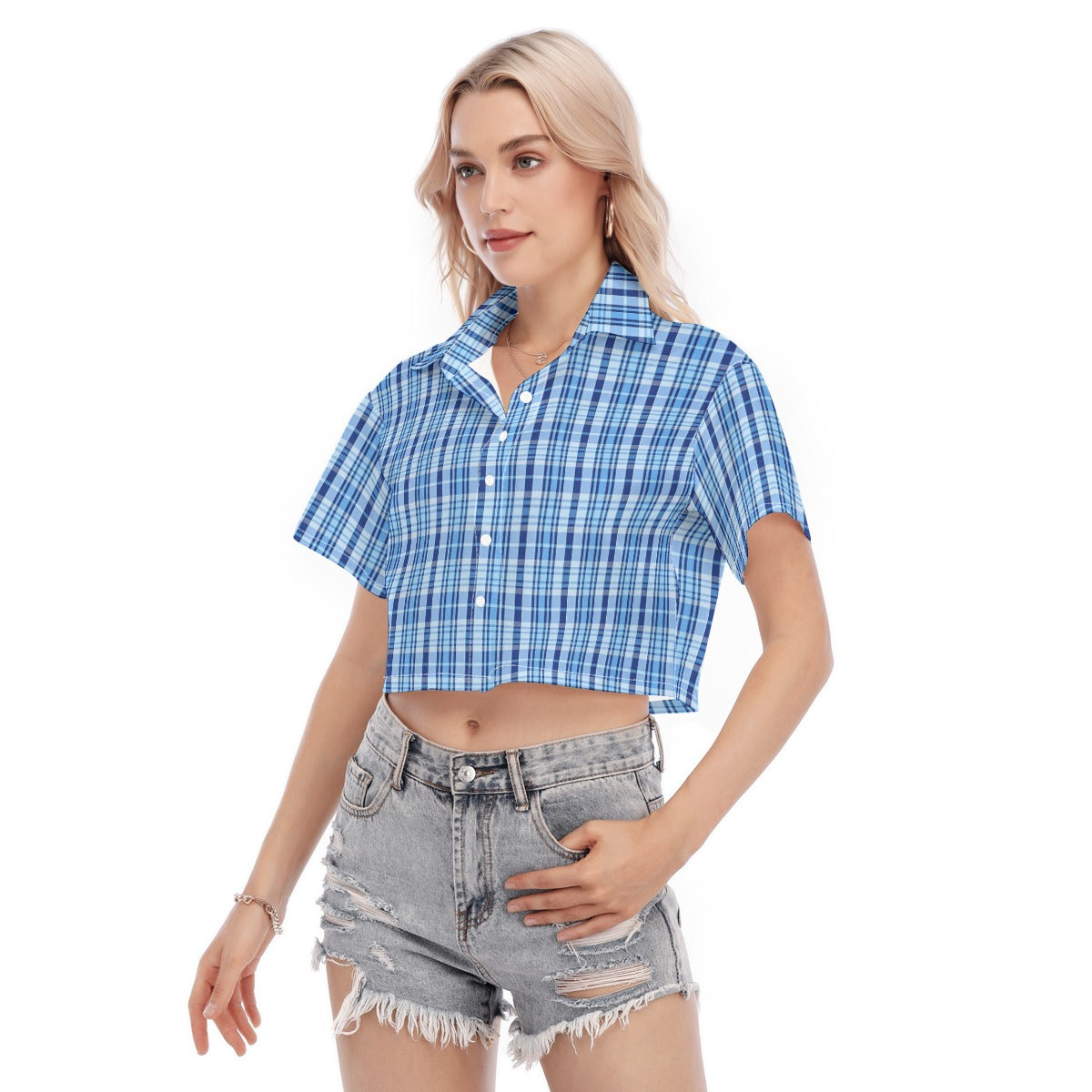 North Carolina Tartan Plaid Tar Heels Blue Women's Cropped Shirt