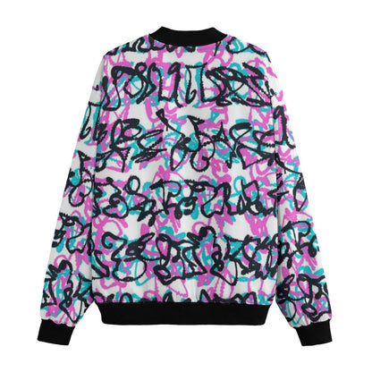 Wildstyle Graffiti Doodle Pattern Pink White Green Fleece Bomber Jacket