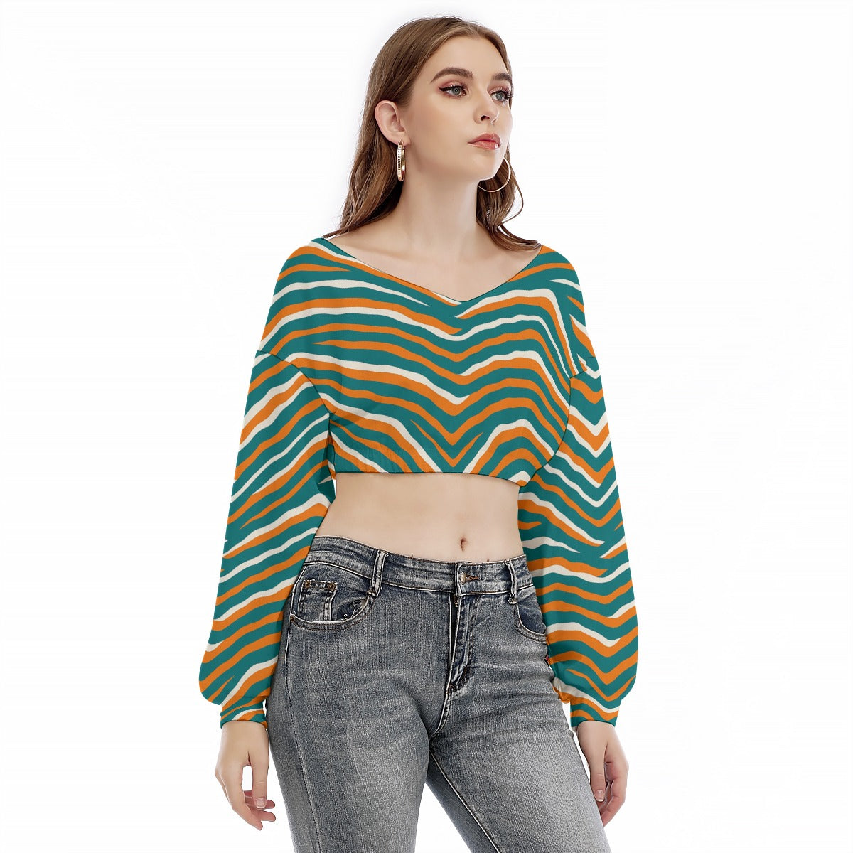 Miami Football Game Day All-Over Print Women's V-neck Long Sleeve Cropped Sweatshirt
