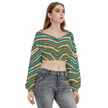 Miami Football Game Day All-Over Print Women's V-neck Long Sleeve Cropped Sweatshirt