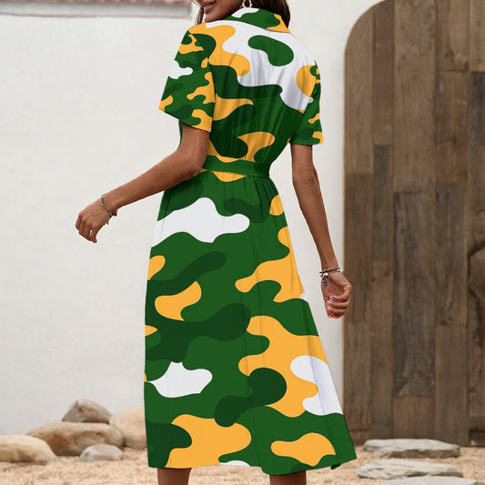 Green Bay Football Game Day All-Over Print Women's Shirt Dress with Waist Tie