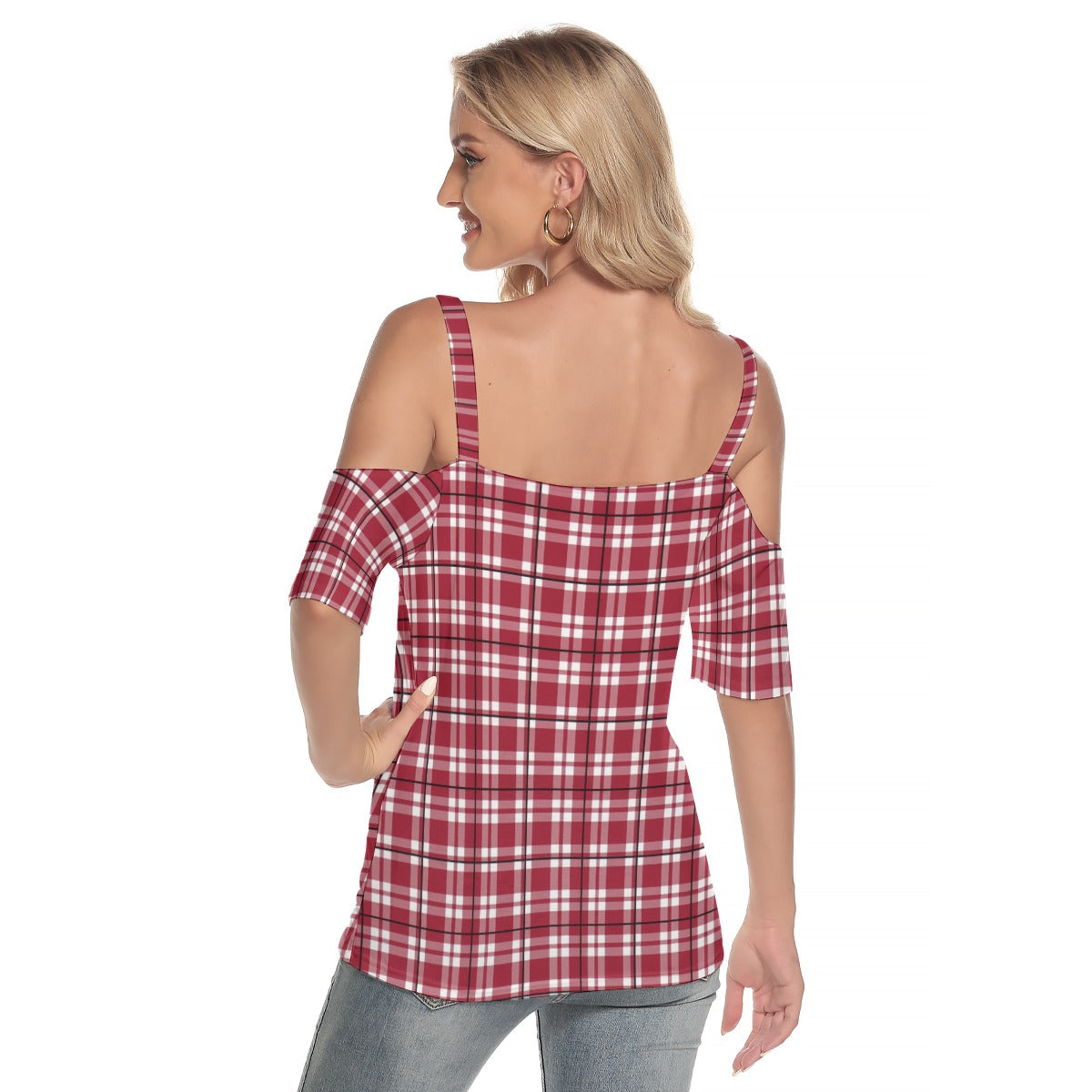Alabama Tartan plaid Women's Cold Shoulder T-shirt With Criss Cross Strips