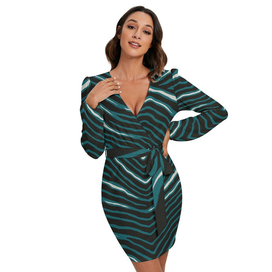 Philadelphia Football Game Day All-Over Print Women's Long Sleeve Dress With Waist Belt