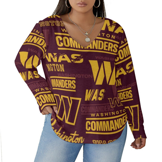 Washington Commanders Women's V-neck T-shirt With Curved Hem(Plus Size)