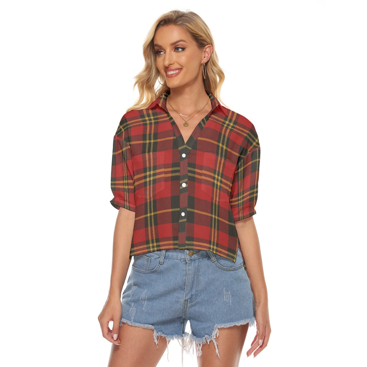 Urban Legend Maryland Terrapins Tartan Plaid Women's V-Neck Shirt – Red, Black, and Gold College Str