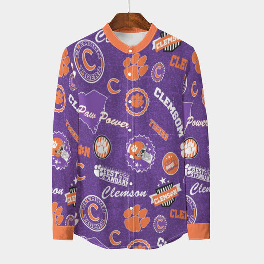 Clemson  - Tigers Stand Collar Shirt With Long Sleeve|110GSM Imitation Flax