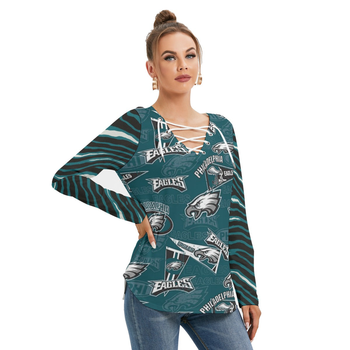 Philadelphia Football Game Day All-Over Print Women's Long Sleeve Neckline Tie Sweatshirt
