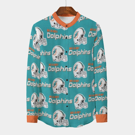 Miami Football Game Day All-Over Print Men's Stand Collar Shirt With Long Sleeve|110GSM Imitation Flax