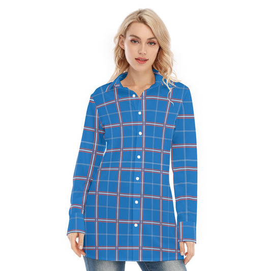Kansas Tartan Plaid Jayhawks  Women's Long Shirt |115GSM Cotton poplin