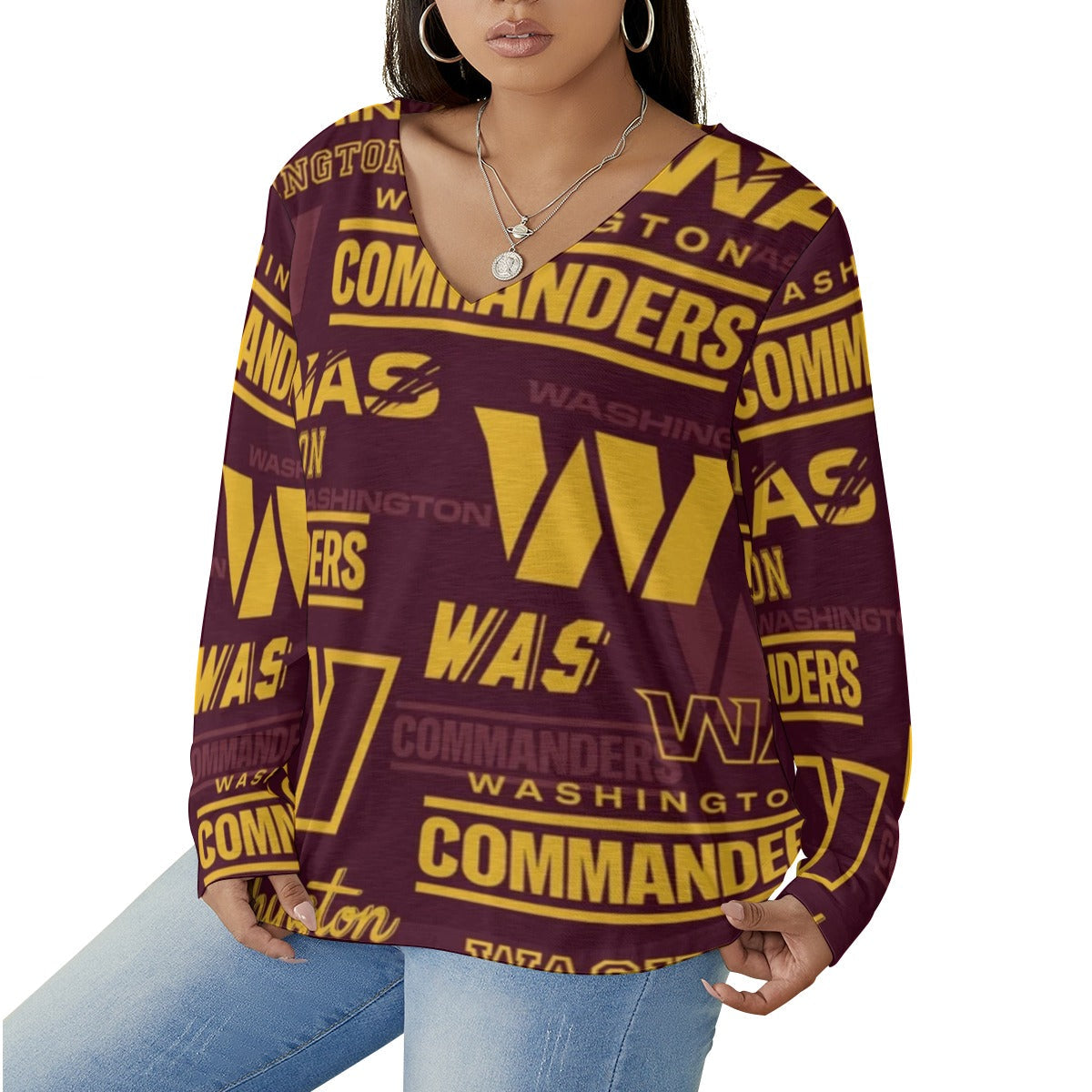 Washington Commanders Women's V-neck T-shirt With Curved Hem(Plus Size)