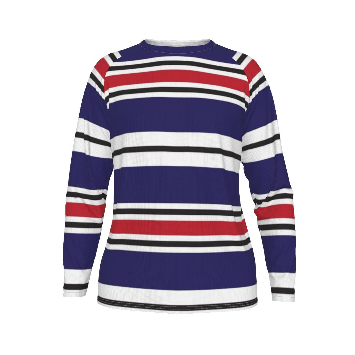 Long-sleeve shirt with red, white, and blue horizontal stripes on a white background