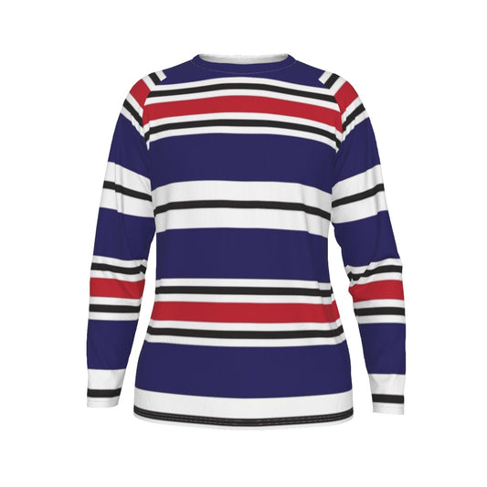 Long-sleeve shirt with red, white, and blue horizontal stripes on a white background