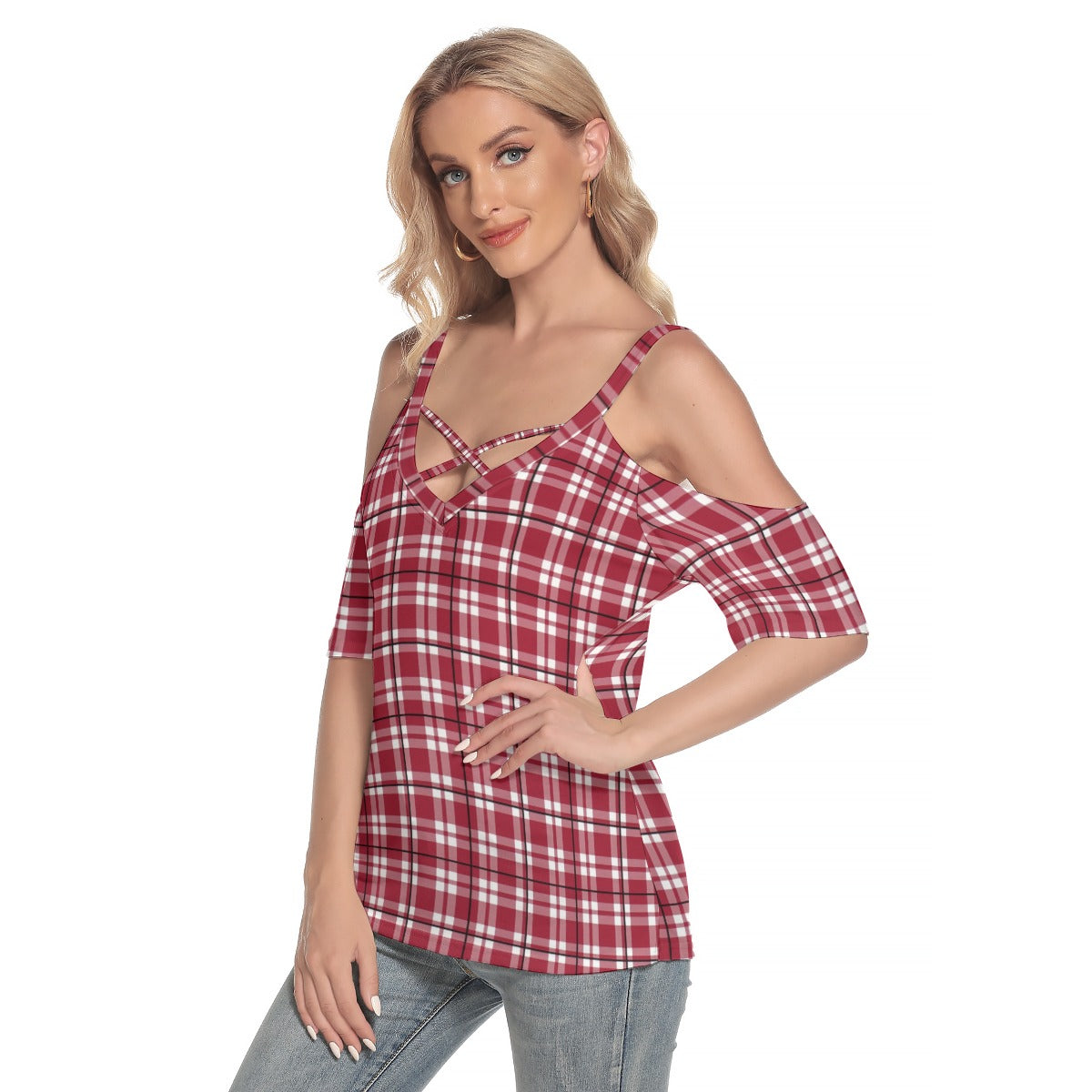 Alabama Tartan plaid Women's Cold Shoulder T-shirt With Criss Cross Strips
