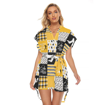 All-Over Print Women's Stand-up Collar Casual Dress With Belt