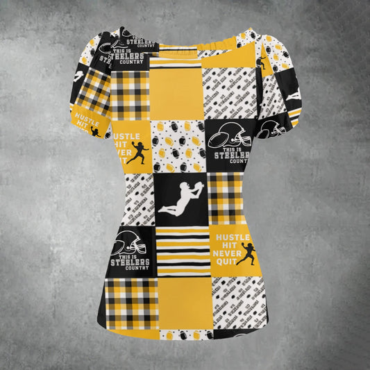 All-over print Women's Puff Sleeve Pleated Shirt