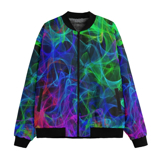 Neon Nights Colorful Smoke Fleece Bomber Jacket – Bold Festival Streetwear