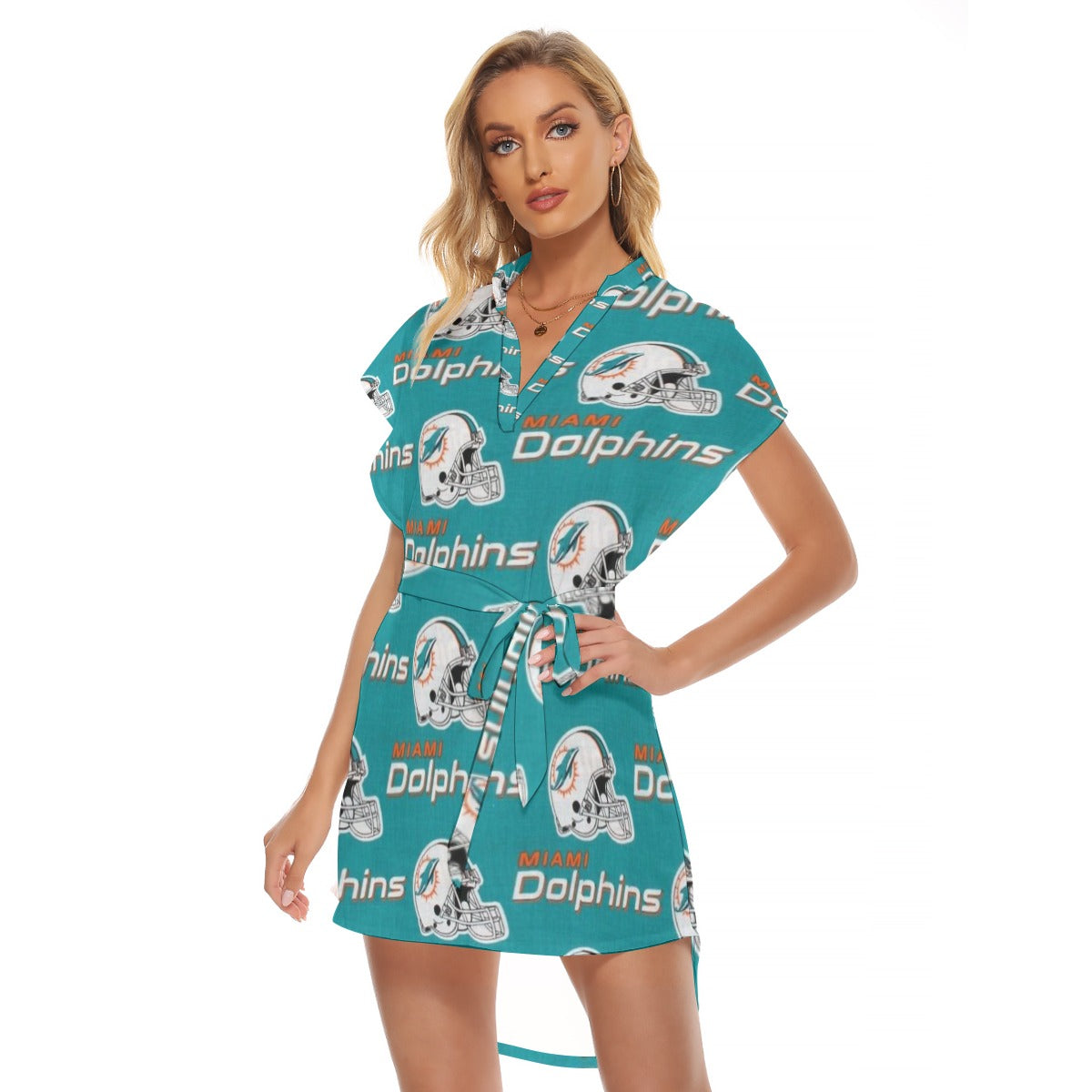 Miami Football Game Day All-Over Print Women's Stand-up Collar Casual Dress With Belt
