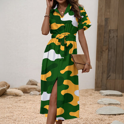 Green Bay Football Game Day All-Over Print Women's Shirt Dress with Waist Tie