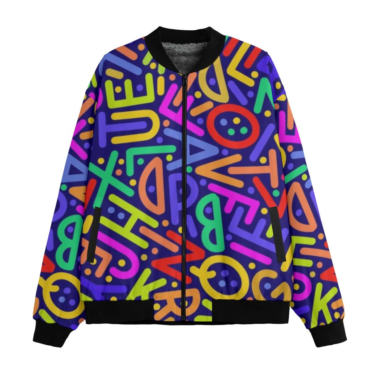 Urban Legend 90s Street Icons Bright Random Pattern Latin Letters Fleece Bomber Jacket