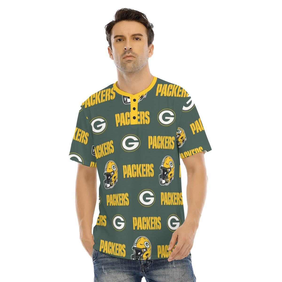 Green Bay Football Game Day All-Over Print Men's Short Sleeve T-shirt With Button Closure