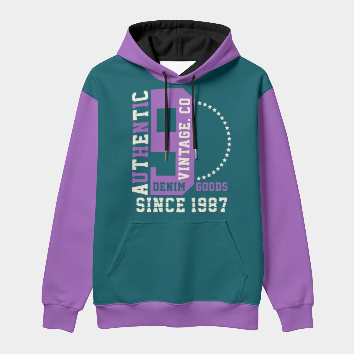 Teal and purple hoodie with text on a light gray background
