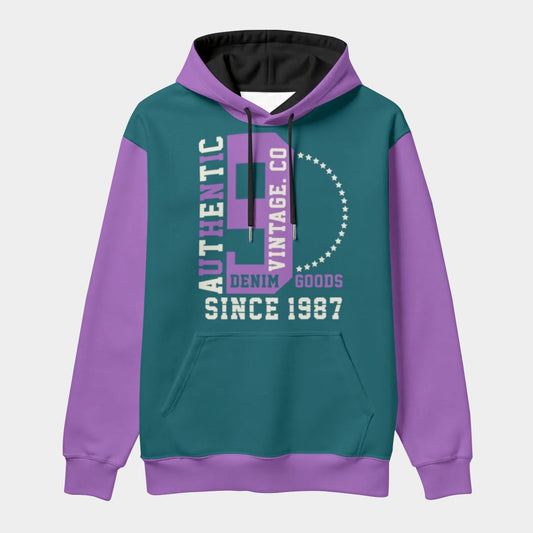 Teal and purple hoodie with text on a light gray background