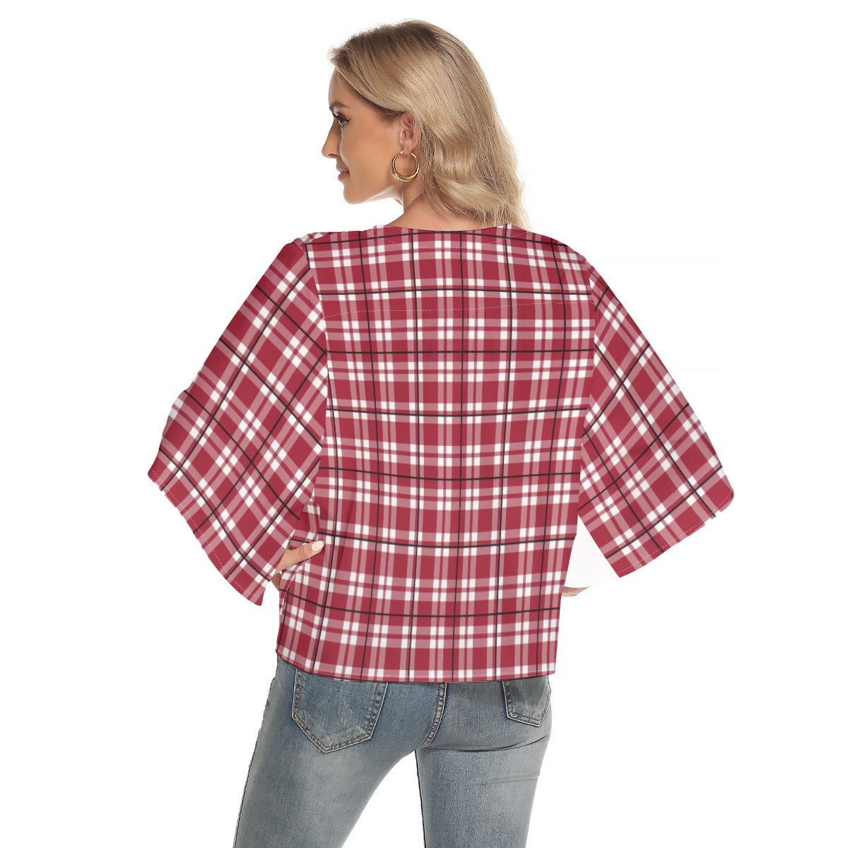 Alabama Tartan plaid  Women's Bat Sleeve Light V-neck Front Buttoned Top