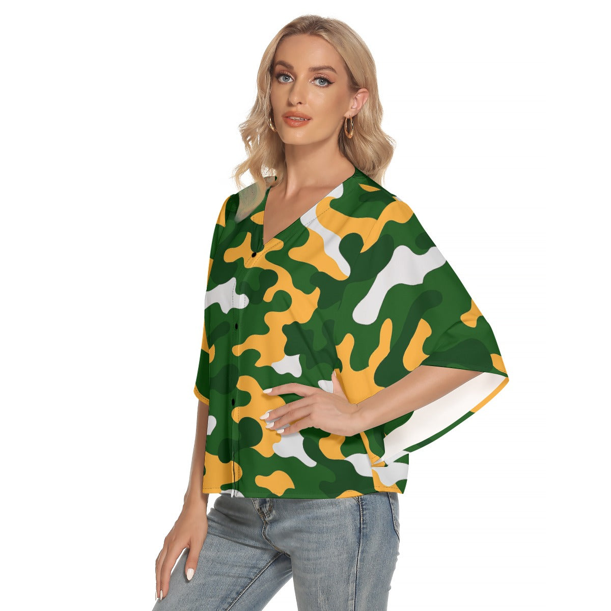Green Bay Football Game Day All-Over Print Women's Bat Sleeve Light V-neck Front Buttoned Top