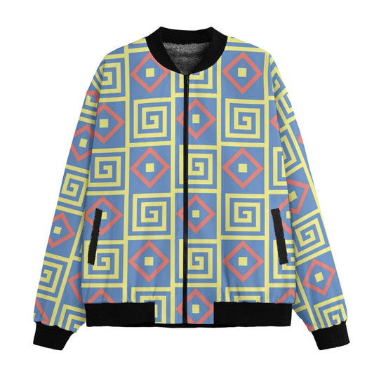 BoomBox Vibes Geometric Blue Seamless Fleece Bomber Jacket – Bold Streetwear Design