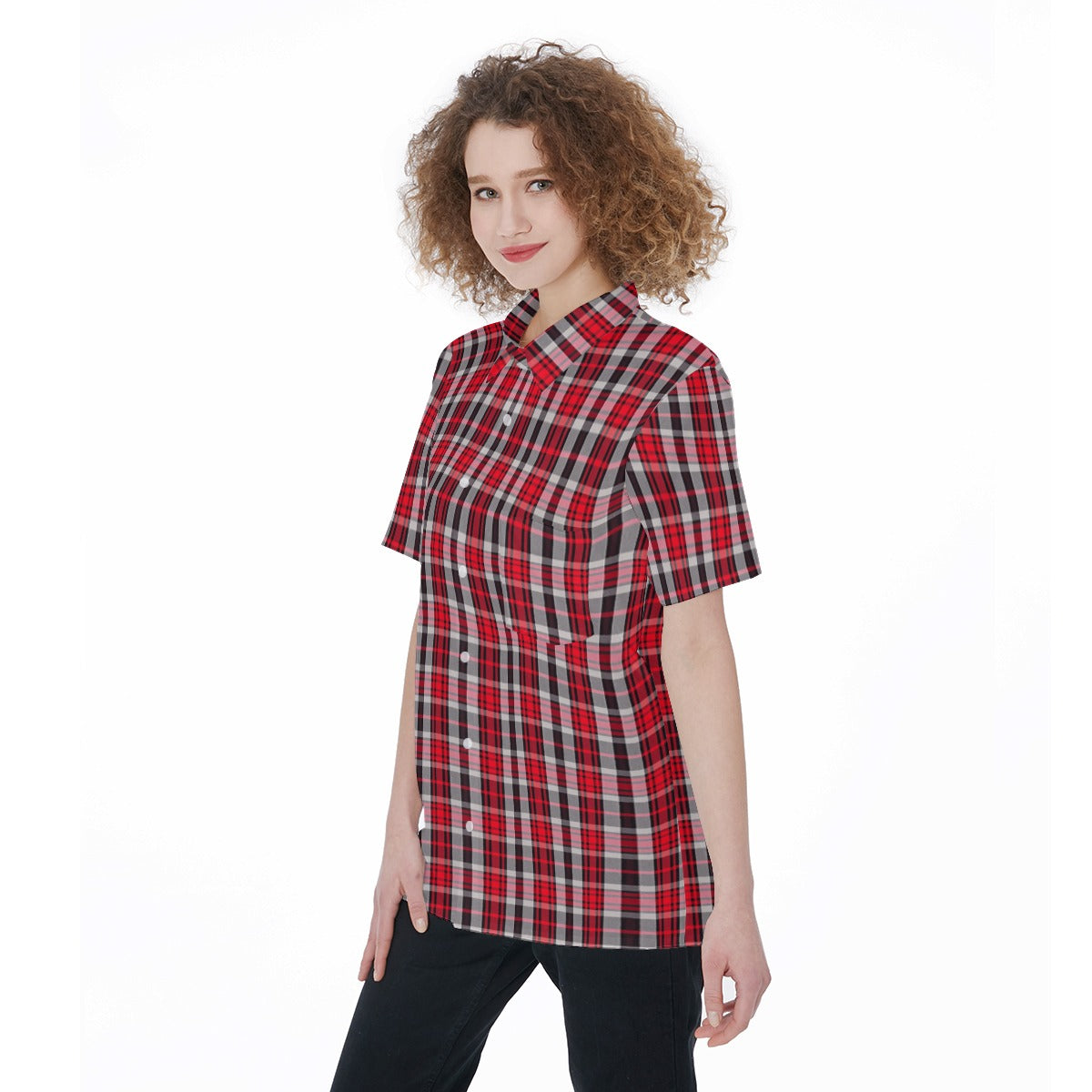 New Mexico Tartan Plaid Lobos Women's Short Sleeve Shirt With Pocket