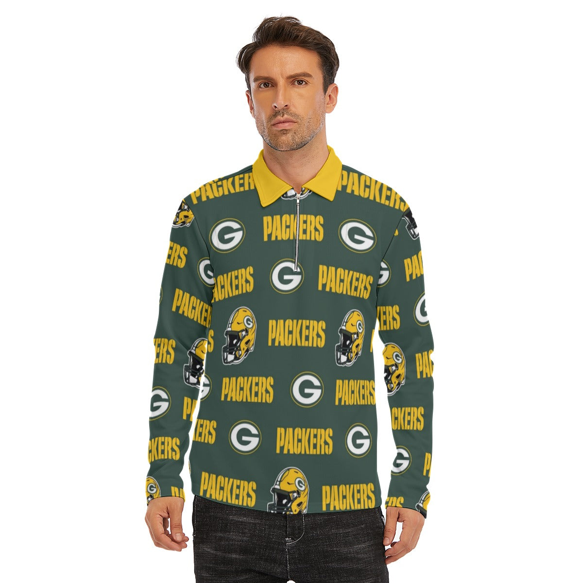 Green Bay Football Game Day All-Over Print Men's Lapel T-shirt With Neckline Zipper Closure