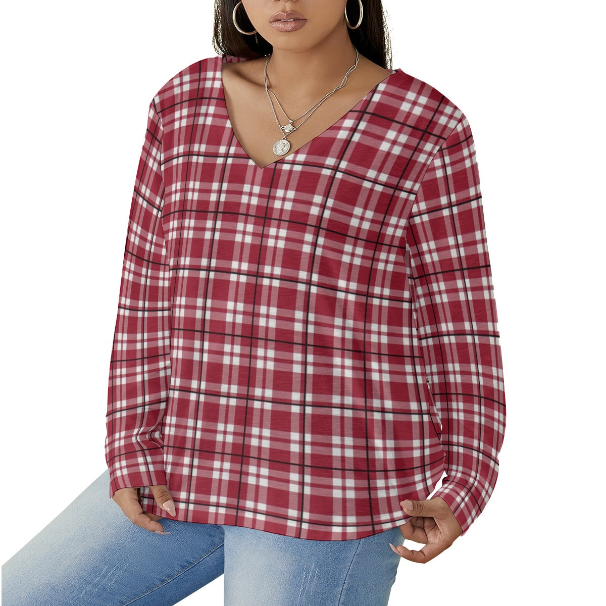 Alabama Tartan plaid  Women's V-neck T-shirt With Curved Hem(Plus Size)