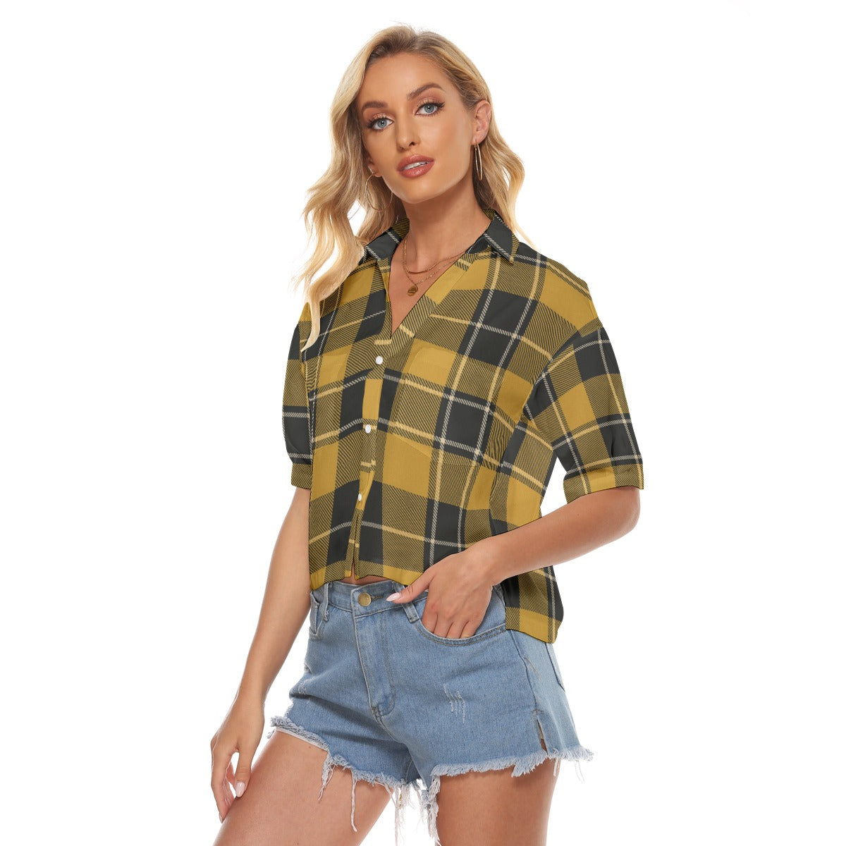 Urban Legend Georgia Yellow Jackets Tartan Plaid Women's V-Neck Shirt – Gold and Black College Stree