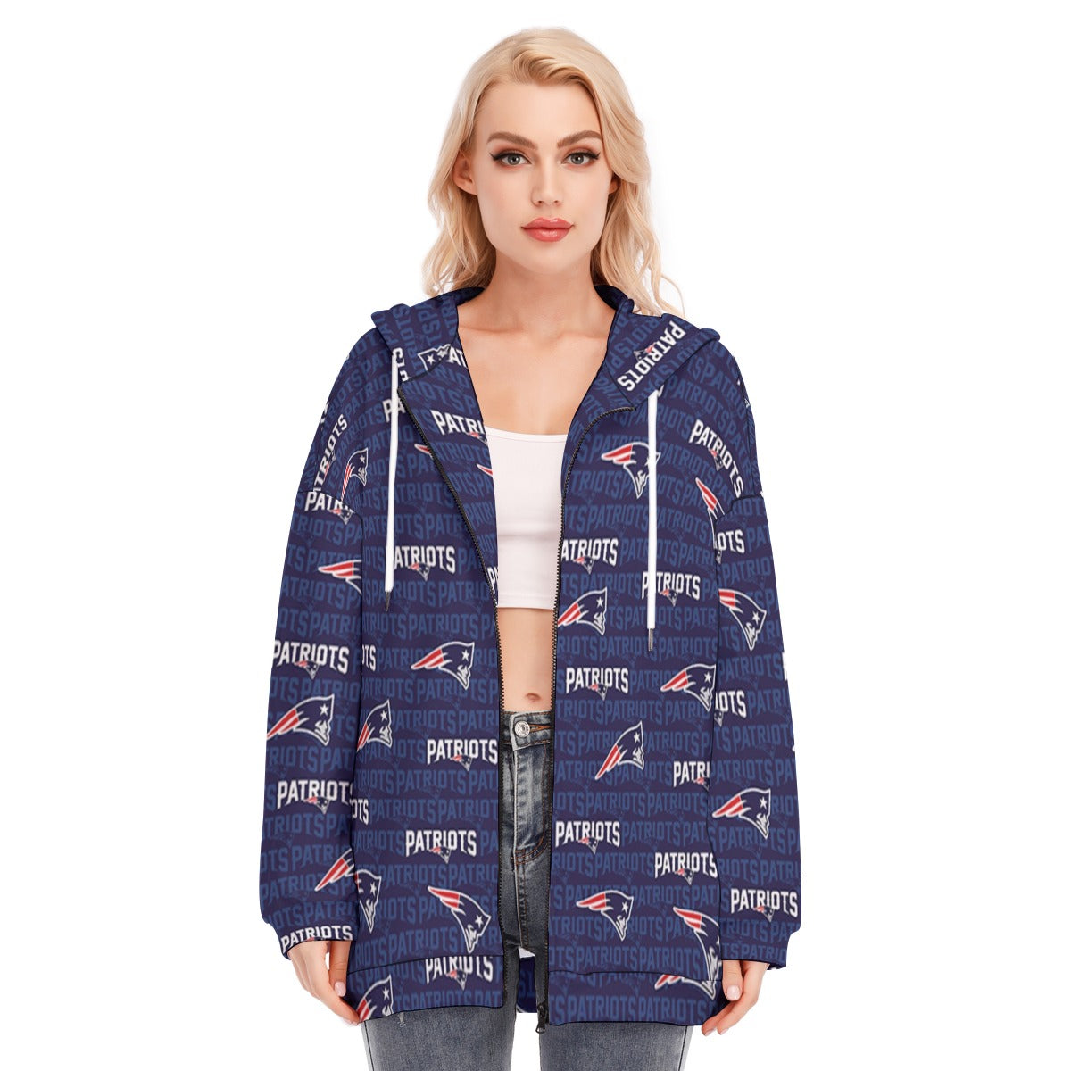 New England Football Game Day All-Over Print Women's Long Hoodie With Zipper Closure