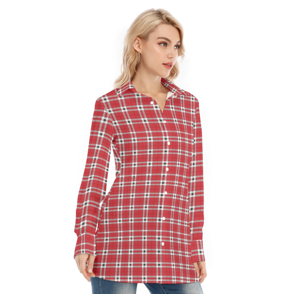 Houston Tartan Plaid Cougars  Women's Long Shirt |115GSM Cotton poplin
