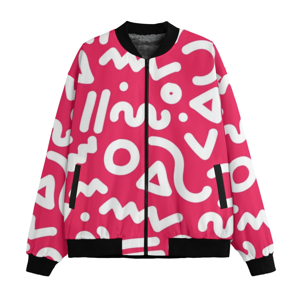 Urban Legend 90s Street Icons – Memphis Red Seamless Pattern Fleece Bomber Jacket