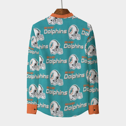 Miami Football Game Day All-Over Print Men's Stand Collar Shirt With Long Sleeve|110GSM Imitation Flax