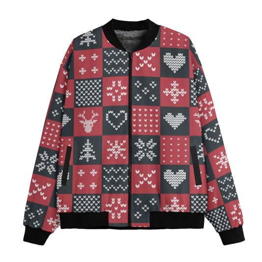 Urban Legend Red Christmas and New Year Snow Pattern Winter Geometric Fleece Bomber Jacket