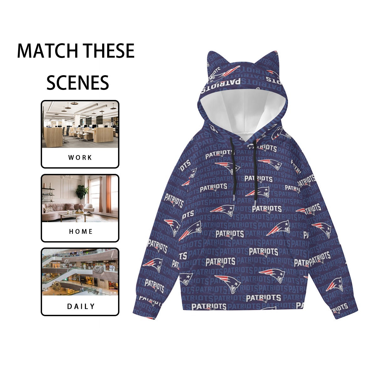 New England Football Game Day All-Over Print Women’s Hoodie With Decorative Ears
