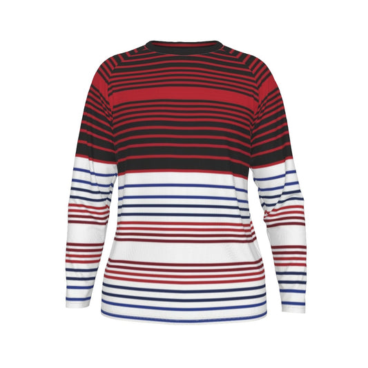 Red, white, and blue striped long-sleeve shirt on a white background