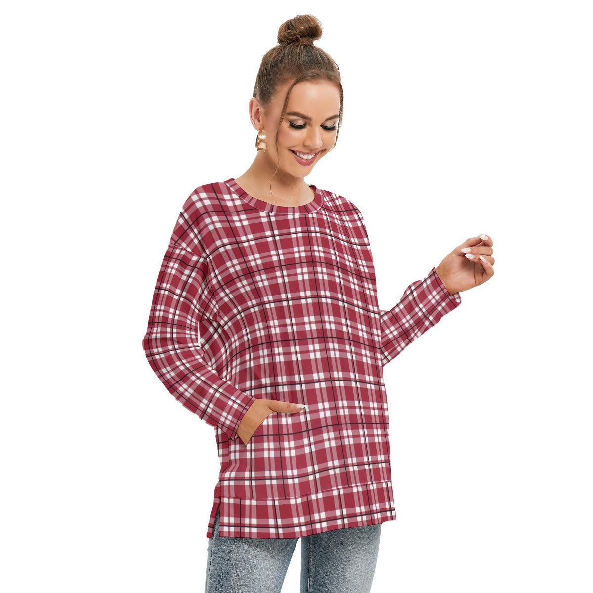 Alabama - Crimson Tide tartan plaid  Women's Side Split O-neck Sweatshirt