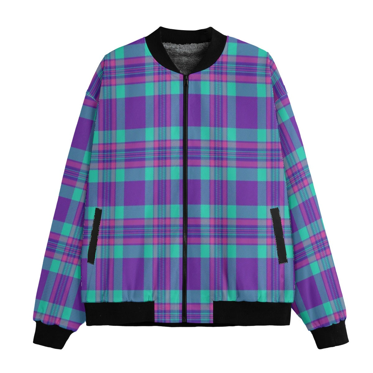 Isle of Skye – purple green vibrant tartan Fleece Bomber Jacket