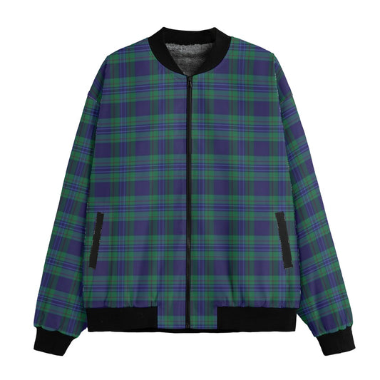 Douglas – dark green and navy blue with black stripes tartan Fleece Bomber Jacket