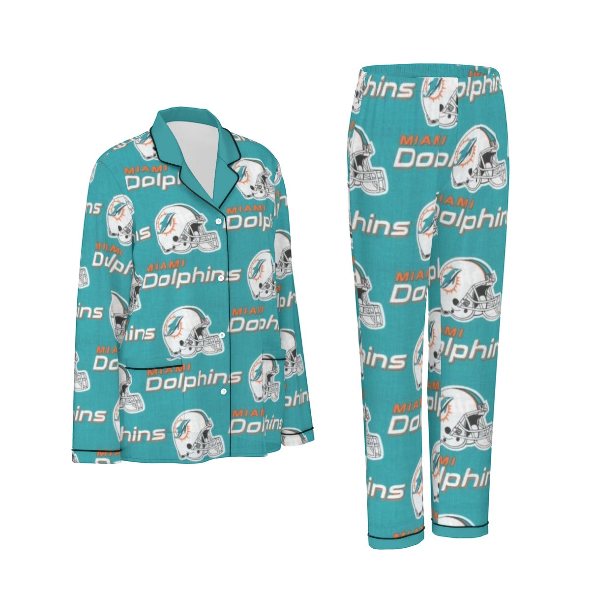 Miami Football Game Day All-Over Print Women's Long Sleeve Pajama Set With Black Contrast Piping