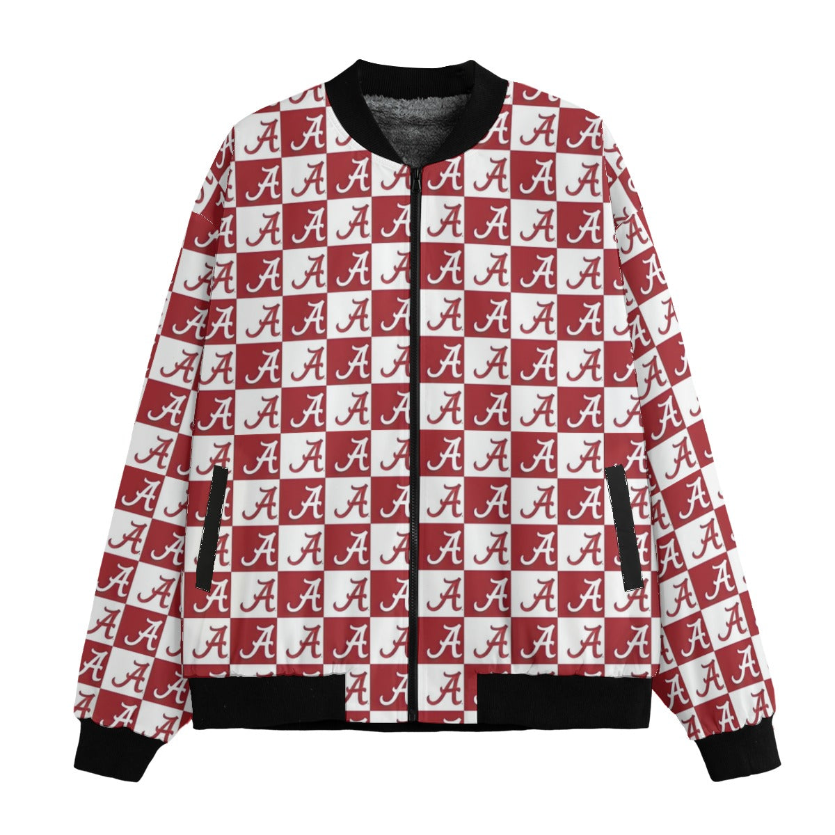 Jacket with repeated logo pattern on a white background